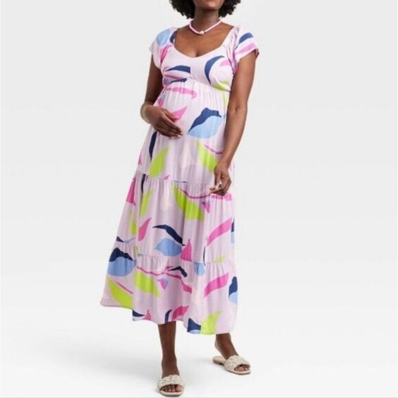 Isabel Maternity Ingrid & Isabel Lilac Multicolor Maxi Dress Flutter Sleeves XL - Picture 1 of 8